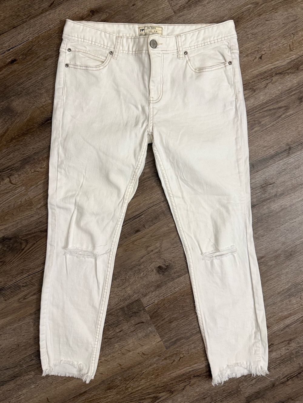 We The Free • Free People • White Distressed Fray Hem Jeans